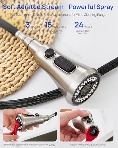 Pull Down Kitchen Faucet Head Replacement Brushed Nickel with 15 Adapters | 3 Functions High Pressure Sink Spray Nozzle, Kitchen Faucet Spray Head, Kitchen Sink Sprayer Head Replacement - color: Brushed Nickel