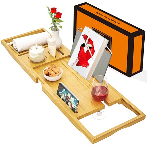 Banlilu Premium Natural Bamboo Expandable Bathtub Tray Caddy, Luxury Spa-Like Experience, Adjustable, Sturdy, Non-Slip, Foldable - color: Premium Natural