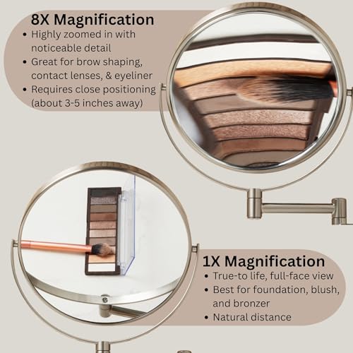 JERDON Wall-Mounted Makeup Mirror - 8X Magnification - Nickel - JP7808N | 8" Round Frame, 13.5" Wall Extension Arm - color: Nickel, size: 8X Magnification