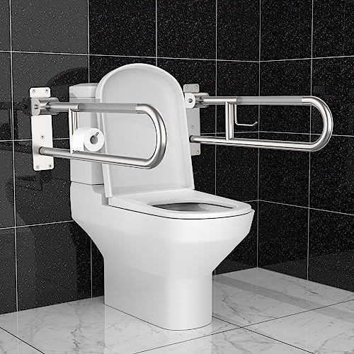 Toilet Grab Bar 30.3 Inch, Munzong Anti-Slip Handicap Grab Bars with Paper Holder, Flip-Up Bathroom Toilet Safety Rails, Stainless Steel Knurled Support handrails for Seniors Elderly Disabled Pregnant | Anti-Slip Bathroom Toilet Safety Rails Stainless Ste