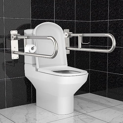 Toilet Grab Bar 30.3 Inch, Munzong Anti-Slip Handicap Grab Bars with Paper Holder, Flip-Up Bathroom Toilet Safety Rails, Stainless Steel Knurled Support handrails for Seniors Elderly Disabled Pregnant | Anti-Slip Bathroom Toilet Safety Rails Stainless Ste