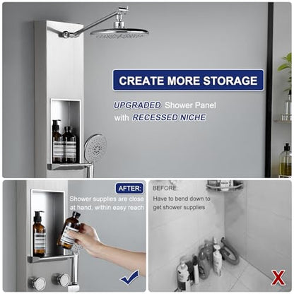 ROVATE Shower Panel Tower System with Shelf & 6 Body Jets, Brushed Finish | Stainless Steel Shower Column with Height Adjustable Shower Arm, Self-Cleaning Rainfall Showerhead & Handheld - color: Brushed Finish