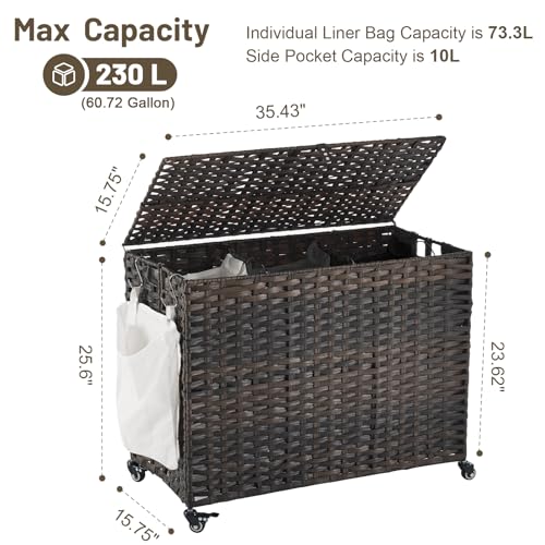 Laundry Hamper with Wheels, 60.72 Gallon(230L) Rolling Laundry Basket with Lid, Removable Large 3 Color Liners & 3 Mesh Laundry Bags, Clothes Hamper with Side Pocket, Brown - color: Brown, size: 35.43"L x 15.75"W x 25.6"H