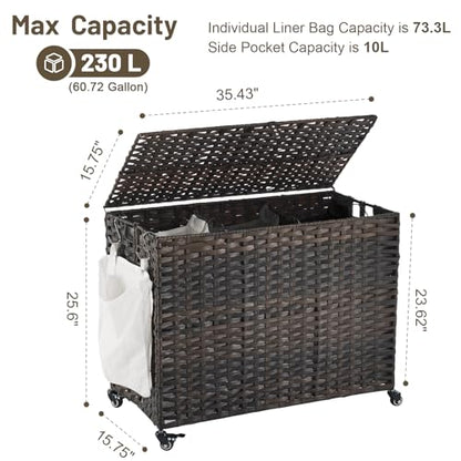Laundry Hamper with Wheels, 60.72 Gallon(230L) Rolling Laundry Basket with Lid, Removable Large 3 Color Liners & 3 Mesh Laundry Bags, Clothes Hamper with Side Pocket, Brown - color: Brown, size: 35.43"L x 15.75"W x 25.6"H
