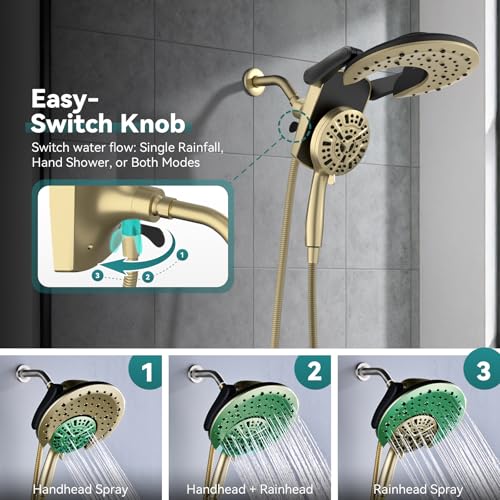 Foldable Rainfall Shower Head 9 Spray Settings/Modes Handheld Showerheads | High Pressure Shower Heads with Handheld Spray Combo, Built-in Magnetic Docking, Power Jets, Stainless Steel Shower Hose - color: Gold