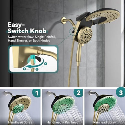 Foldable Rainfall Shower Head 9 Spray Settings/Modes Handheld Showerheads | High Pressure Shower Heads with Handheld Spray Combo, Built-in Magnetic Docking, Power Jets, Stainless Steel Shower Hose - color: Gold