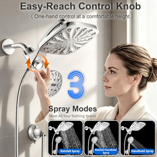 Dual Rainfall Shower Head With Handheld Showerhead, High Pressure Shower Head With Handheld Spray, 8-Mode Showerhead with Adjustable Extension Arm, 71Inch Shower Hose & Suction Cup Holder, Chrome - color: Chrome