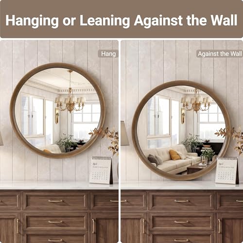 Brakki Round Wall Mirror with Wood Frame, 24" Circle Mirror for Bathroom | HD Shatterproof Glass, Hanging or Leaning, Wall Mounted Decor, for Bedroom Entryway Vanity Living Room, Walnut