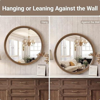 Brakki Round Wall Mirror with Wood Frame, 24" Circle Mirror for Bathroom | HD Shatterproof Glass, Hanging or Leaning, Wall Mounted Decor, for Bedroom Entryway Vanity Living Room, Walnut