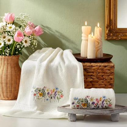 SmoothNovelty 2 Pcs Boho Floral Hand Towels Cream Bathroom Decor 14x29 Inch Embroidered 100% Cotton Soft Absorbent Spring Summer Decorative Hand Towels for Bathroom Kitchen - style: Boho Floral