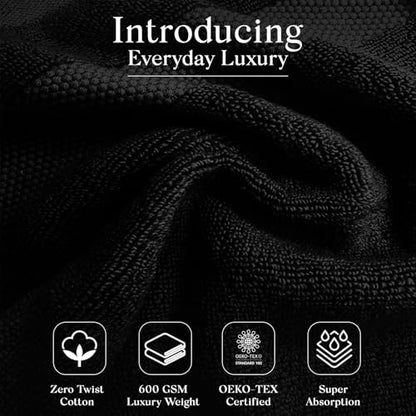 Premium Staple Cotton Bathroom Towel Set - Black 600 GSM 6-Piece Luxury Bath Towel Set 3 Stripe - 2 Bath Towels, 2 Hand Towels & 2 Washclothes Set - High Absorbent & Quick Dry for Gym, Spa, Hotel - color: Black - 3 Stripe