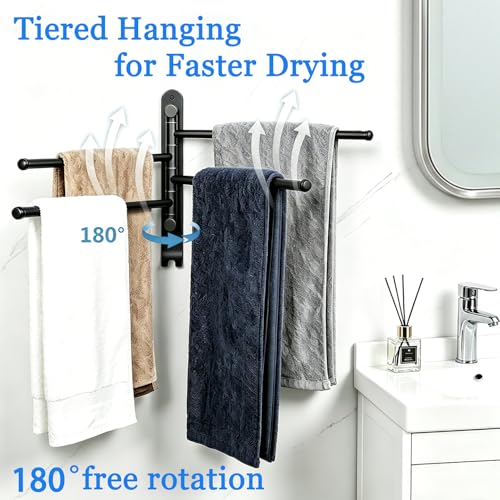 Swivel Towel Rack for Bathroom, 4-Arm 180° Rotating Heavy Duty Towel Bar | Wall Mounted Rustproof Swing Out Towel Holder with Hooks for Space Saving (Matte Black)