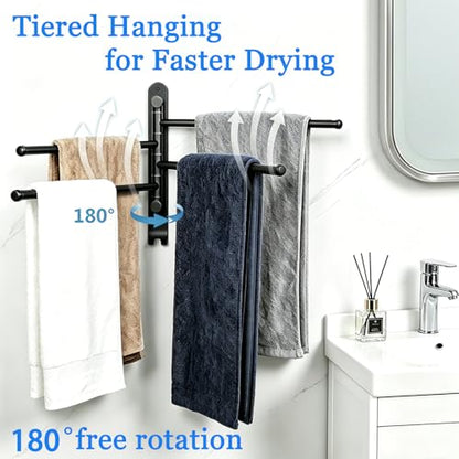 Swivel Towel Rack for Bathroom, 4-Arm 180° Rotating Heavy Duty Towel Bar | Wall Mounted Rustproof Swing Out Towel Holder with Hooks for Space Saving (Matte Black)