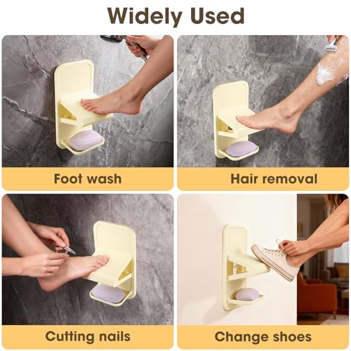 Shower Foot Rest for Shaving Legs, No Drill Strong Adhesive (Milky White) | The shower foot rest features a drainable soap storage box and is made of thickened plastic, ensuring durability and safety. - color: Milky White