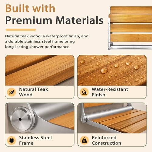 Folding Shower Seat Teak, Bath Safety Furniture Stainless Steel, Shower Seats for Elderly, Fold Down Shower Seat, Oak and Stainless Steel - color: Teak and Silver Stainless Steel