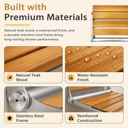 Folding Shower Seat Teak, Bath Safety Furniture Stainless Steel, Shower Seats for Elderly, Fold Down Shower Seat, Oak and Stainless Steel - color: Teak and Silver Stainless Steel