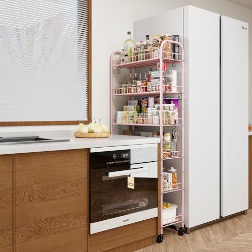 6 Tier Slim Rolling Storage Cart with Wheels, Metal Mobile Shelving Unit Organizer Utility Cart for Office Bathroom Kitchen Laundry Room Narrow Places (Pink 10 Inches) - size: Pink 10 Inches