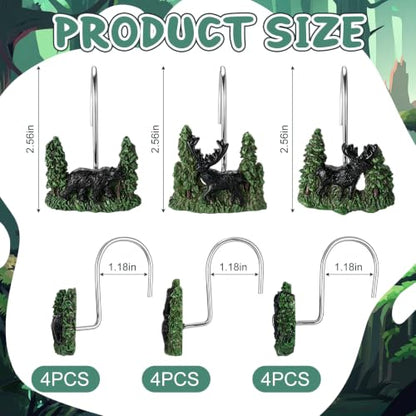 Roowest 12 Pcs Farmhouse Forest Shower Curtain Hooks Western Wildlife Bear Deer Moose Shower Curtain Hooks Stainless Steel Rust Resistant Rings Hangers for Farmhouse Cabin Winter Rustic Bathroom Decor - style: Forest