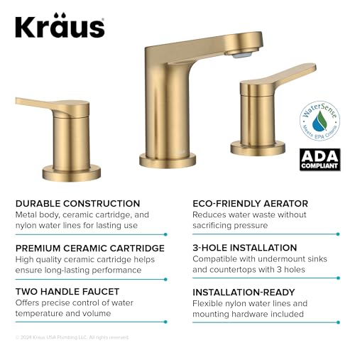 KRAUS Indy Widespread Bathroom Faucet in Spot-Free Brushed Brass with 2 Handles, Pop Up Drain and Supply Lines, FUS-14103SFBB - color: Spot Free Brushed Brass, style: Widespread