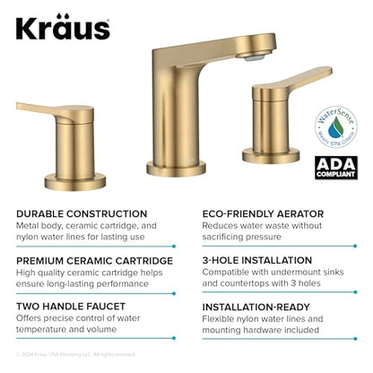 KRAUS Indy Widespread Bathroom Faucet in Spot-Free Brushed Brass with 2 Handles, Pop Up Drain and Supply Lines, FUS-14103SFBB - color: Spot Free Brushed Brass, style: Widespread