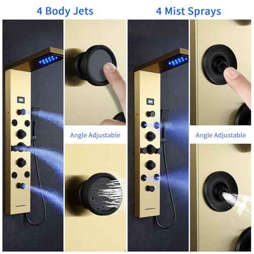 POPFLY LED Rainfall Waterfall Shower Panel Tower System, 4 Body Jets and 4 Mist Spray, 3-Function Handheld Shower, Stainless Steel Shower Tower with Temp Display, Brushed Gold - color: 8 Jets-Gold
