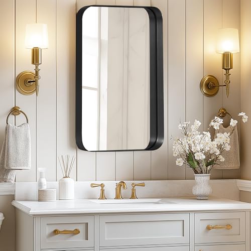 SDHYL 24x10 Inch Medicine Cabinet Mirror with 2 Storage Shelves Black | Recessed Medicine Cabinet with Mirror for Bathroom, Wall Mounted Deep Metal Framed Rounded Corner Rectangle - color: Black-rectangle, size: 24x16 inch