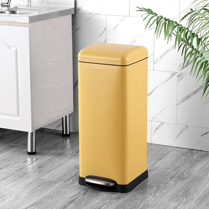 happimess Betty 8 Gal Step Trash Can Soft-Close Lid, Daffodil Yellow | Removable Liner, Semi-Rectangular, Steel Pedal, Iron Powder Coated, 27" Height, Non-Skid Base - color: Yellow