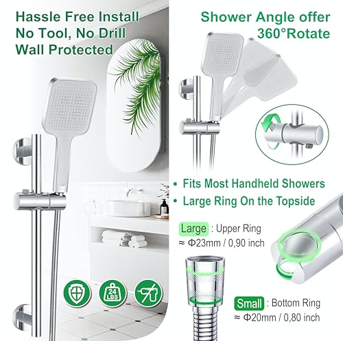 Upgraded 17.7 Inch Shower Slide Bar w/ Waterproof Suction Cup,SUS Metal Bar Heavy Duty, Removable & Adjustable Handheld Shower Head,Wall Mount Drill-Free Install No Tool,Bathroom Wall Protect - color: Chrome Polish