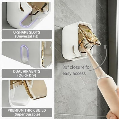 3pc Wall Mount Toothbrush Holder with Lid Self Adhesive No Drill | Clear Acrylic Dustproof Cover, Fits Electric Toothbrushes, Hygienic for Bathroom & Travel - size: 1 Gray, 1 White & 1 Beige
