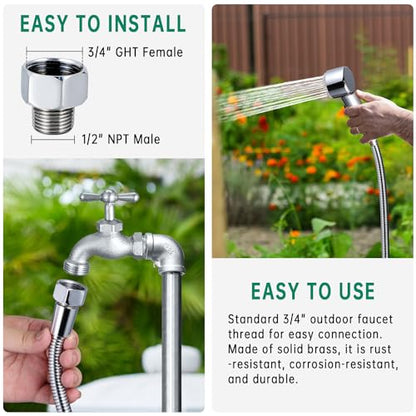 3 Mode Dog Shower Attachment with Long Hose & Outdoor Adapter | High Pressure, Built-In Silicone Massage Brush, 100" Extra-long Stainless Steel Kink-Resistant Hose, Easy Outdoor Setup