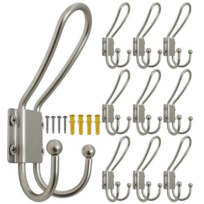 WEBI Coat Hooks Wall Mount,5 mm Thick,10 Large Triple Hooks,Heavy Duty Metal Backpack Wall Hooks for Hanging Clothes,Robe,Towel,Closet,Farmhouse,Mudroom,Silver - color: Silver