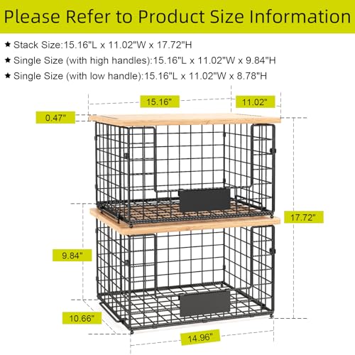 2 Pack Stackable Wire Baskets with Bamboo Top,Pantry Organizers Counter | Potato and Onion Storage Bin with Labels & 2 Pads, Kitchen Organization for Fruit, Vegetable, Produce, Bread, Cabinet - size: XXL-15.2x11.02x9.84