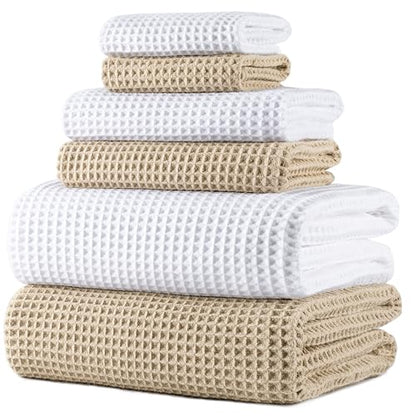 POLYTE 430 GSM Poly Blend Microfiber Quick Dry Waffle Bath Towel Set of 6 | 2-Body Towels, 2-Hand Towels, 2-Wash cloths, Oversize, Lint Free - color: White,beige