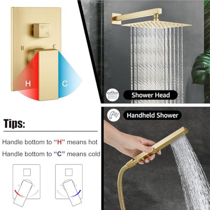 Midanya Shower Faucet Set with Handheld Sprayer,10 Inch,Brushed Gold | Rough-in Shower Valve and Trim Kit Included,Square Rain Head,Wall Mount Shower System,All Metal,Bathroom - color: Gold, size: 10 Inch