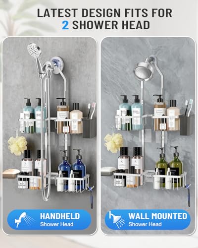Adjustable Shower Caddy Hanging for Handheld Showerheads - Upgraded Never Rust Shower Hanging Organizer, Bathroom Shower Rack with Soap Basket, Hooks and Toothbrush Holder (Shiny Silver) - color: Shiny Silver