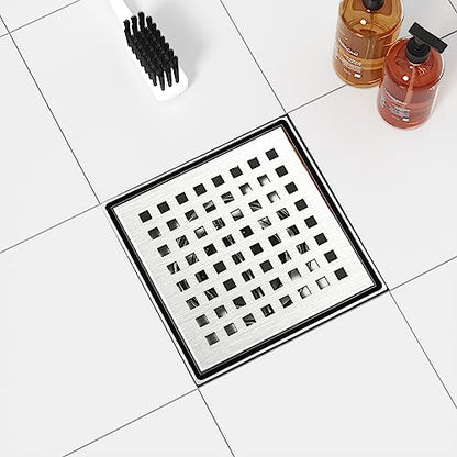 Neodrain 4 in Brushed Square Shower Drain with Quadrato Pattern Grate | 304 Stainless Steel Square Drain for bathroom, with Hair Strainer and Lifting Hook,Waterproof & Durable, CUPC Certified - color: Stainless, size: 4 IN