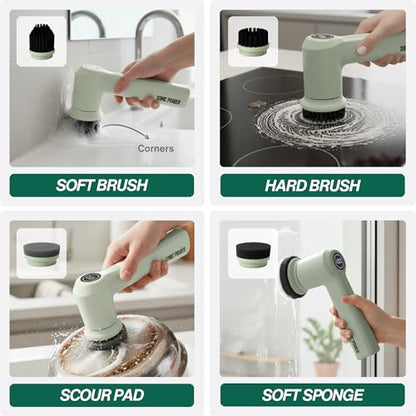 SonicPower Electric Spin Scrubber – Handheld & Ergonomic, IPX7 Waterproof, 4 Multi-Purpose Brush Heads, Long-Lasting Rechargeable Battery – Cleans Dishes, Bathroom, Tile, Grout & Kitchen (Sage) - color: Sage