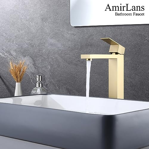 Brushed Gold Vessel Sink Faucet, Tall Bathroom Sink Faucet | Stainless Steel Single Hole Gold Bathroom Faucet, Single Handle Tall Vanity Faucet with Pop Up Drain - color: Brushed Gold, size: Tall