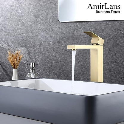 Brushed Gold Vessel Sink Faucet, Tall Bathroom Sink Faucet | Stainless Steel Single Hole Gold Bathroom Faucet, Single Handle Tall Vanity Faucet with Pop Up Drain - color: Brushed Gold, size: Tall