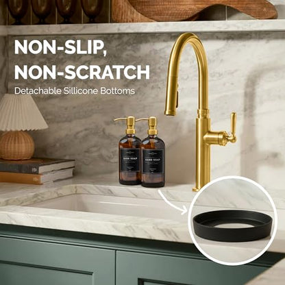 Vine Creations Amber Glass Soap Dispenser, 2 Pack Kitchen Soap Dispenser Set with Stainless Steel Pump, 16 oz Dish Soap and Hand Soap Dispensers for Bathroom with Waterproof Labels - color: Amber Bottle / Gold Pump