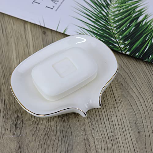 White Soap Dish Ceramic Self Draining Soap Dish Waterfall Slot Gold Edge Bathroom Accessories for Bathroom, Kitchen,Bar Counter - color: White