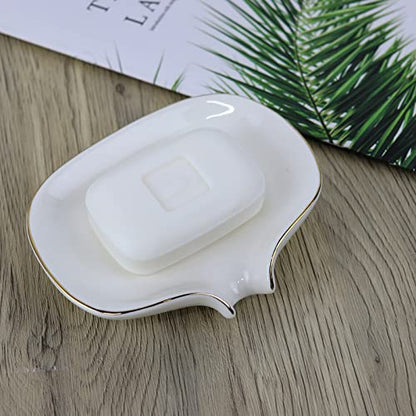 White Soap Dish Ceramic Self Draining Soap Dish Waterfall Slot Gold Edge Bathroom Accessories for Bathroom, Kitchen,Bar Counter - color: White