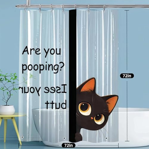 Clear Cute Funny Black Cat Shower Curtain Liner, Are You Pooping Shower Curtain, Fun Anime Cat Shower Curtains for Bathroom, 72x72 Plastic Cool Summer Shower Curtain Set with Weighted Magnets 12 Hooks - color: Clear Black Cat, size: 72"W x 72"L (Pack of 1