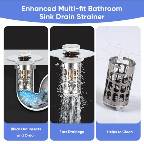 Bathroom Sink Drain Strainer, Universal 3 in 1 Bathroom Sink Stopper, Pop Up Bathroom Sink Drain Stopper with Removable Bathroom Sink Stopper Hair Catcher Basket, for 1.1 to 2.36''Hole - style: bathroom sink-2Pack