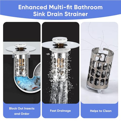 Bathroom Sink Drain Strainer, Universal 3 in 1 Bathroom Sink Stopper, Pop Up Bathroom Sink Drain Stopper with Removable Bathroom Sink Stopper Hair Catcher Basket, for 1.1 to 2.36''Hole - style: bathroom sink-2Pack