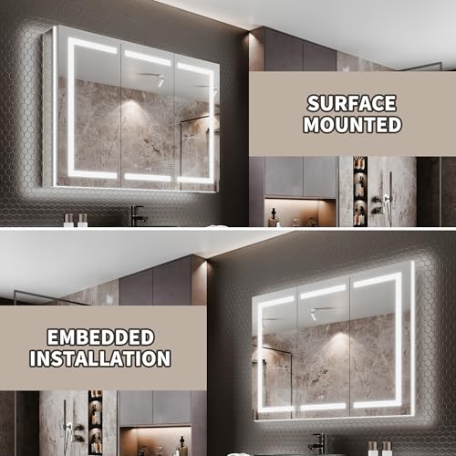 Luxury 66" Wall-Mounted LED Bathroom Medicine Cabinet, Outlets, Anti-Fog | Surface-Mount/Recessed, Double-Sided Mirror Cabinet, 3 Color Temp, DTC Silent-Close Hinges, Adjustable Tempered Glass Shelfs - size: 66"W x 36"H