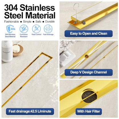 Neodrain 30-Inch Linear Shower Drain-Gold,with Tile Insert Grate | 304 Stainless Steel, Fast Drainage, Rectangle Shower Floor Drain with Leveling Feet & Hair Strainer, Fits Bathroom, Balcony - color: Gold, size: 30 IN