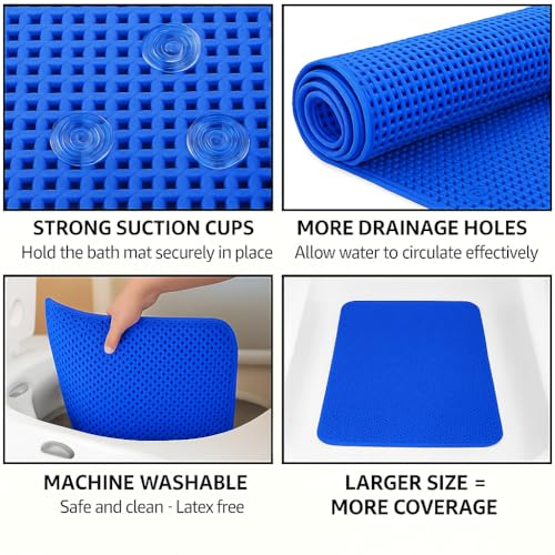 Bathtub and Shower Soft Waffle Cushioned Texture Spa Bathroom Shower and Bath Mat Non Slip 27.5" x 16" with Suction Cups and Drain Holes (Blue) - color: Blue