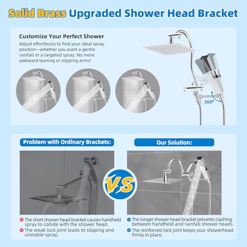 Hibbent All Metal cUPC Certified Shower Head, 10'' High Pressure Rainfall Shower Head, Showerhead Combo, Handheld Shower Wand, 12'' Adjustable Extension Arm, 4-Spray, 71'' Hose, Shower Holder, Chrome - color: Chrome, style: Square 10''