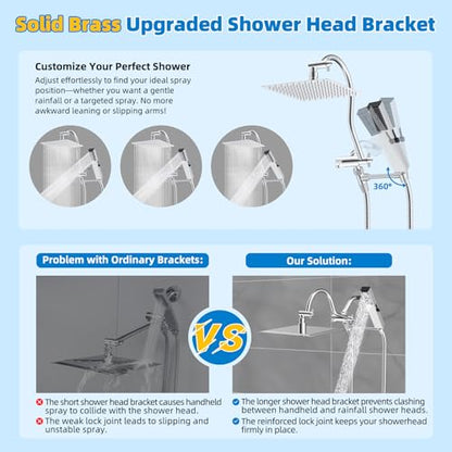 Hibbent All Metal cUPC Certified Shower Head, 10'' High Pressure Rainfall Shower Head, Showerhead Combo, Handheld Shower Wand, 12'' Adjustable Extension Arm, 4-Spray, 71'' Hose, Shower Holder, Chrome - color: Chrome, style: Square 10''